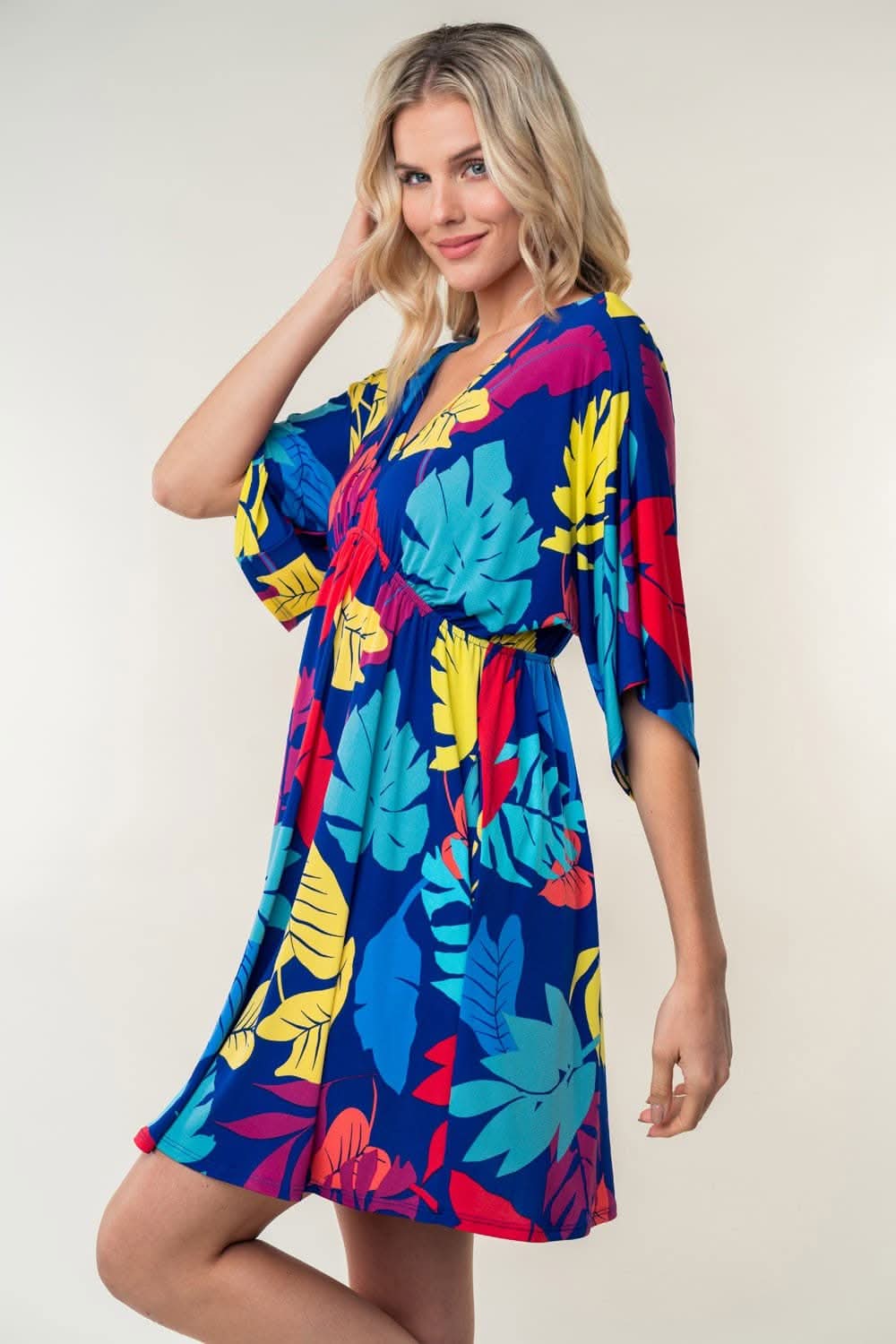 White Birch Full Size Printed V-Neck Mini Dress - Love Salve